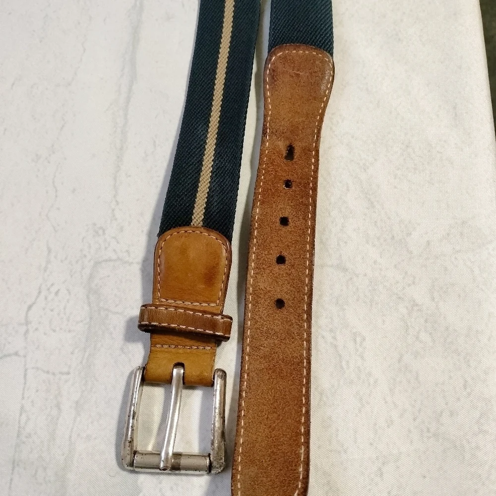 VINTAGE LL BEAN CANVAS LEATHER BELT ( MENS Sz 38) NAVY KHAKI STRIPED